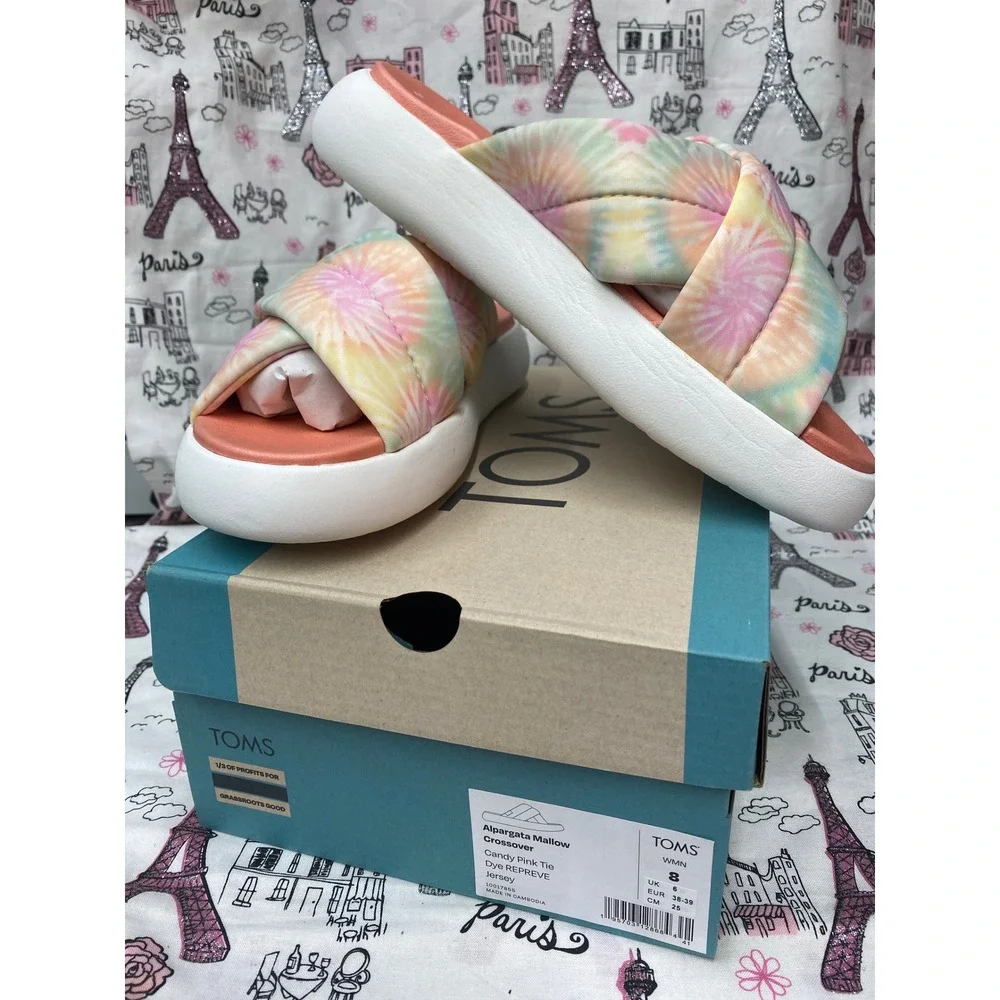 TOMS Alpargata Mallow Crossover Candy Pink Tie Dye REPREVE Jersey Sandals Size 8